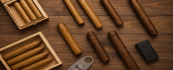 Flat lay of assorted cigars in different sizes and wrappers with a cutter and lighter on a rustic wooden table.