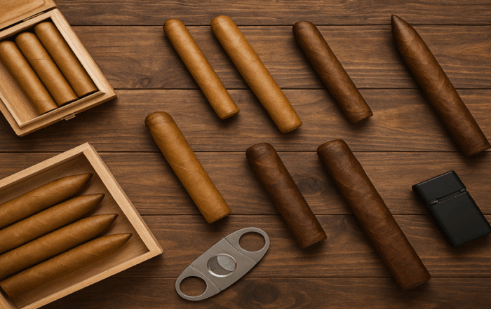 Flat lay of assorted cigars in different sizes and wrappers with a cutter and lighter on a rustic wooden table.