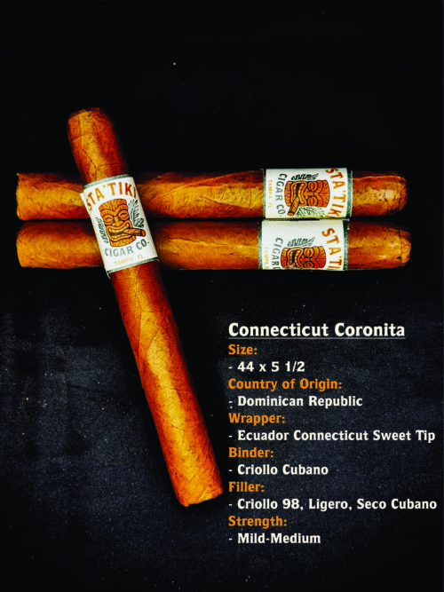 Statiki Cigar Co. Connecticut Coronita cigars, a 44 x 5.5 inch mild-medium cigar with a sweet tip.