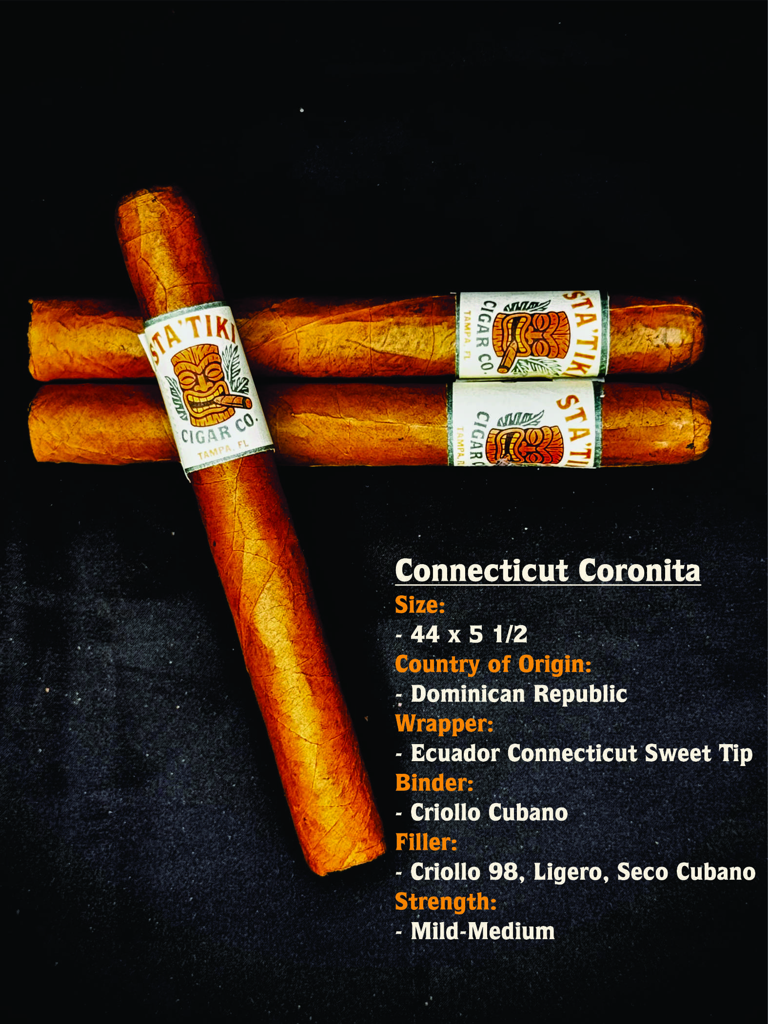 Statiki Cigar Co. Connecticut Coronita cigars, a 44 x 5.5 inch mild-medium cigar with a sweet tip.
