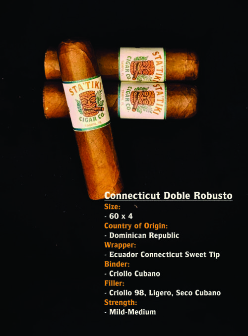 Three Statiki Cigar Co. Connecticut Doble Robusto cigars on a black background, showing the brand's tiki-style band.