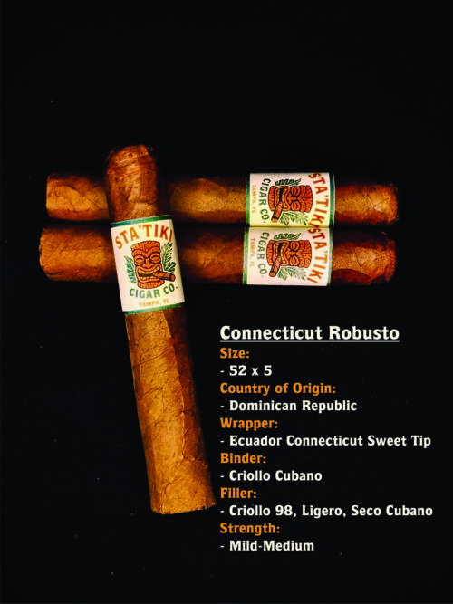 Three Statik Cigar Co. Connecticut Robusto cigars stacked on a dark background, showing the tiki-style cigar band.