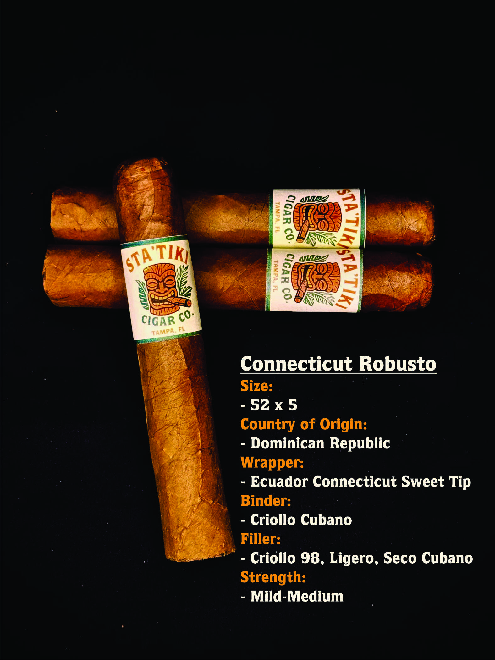 Three Statik Cigar Co. Connecticut Robusto cigars stacked on a dark background, showing the tiki-style cigar band.