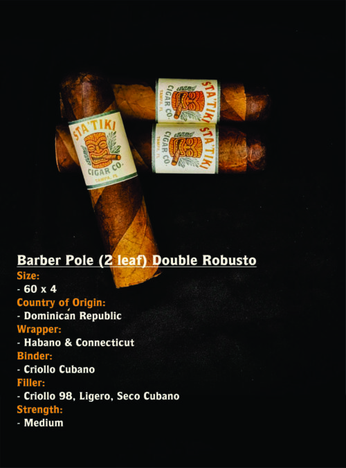 Statiki Cigar Co. Barber Pole Double Robusto cigars, showing the twisted Habano and Connecticut wrappers.
