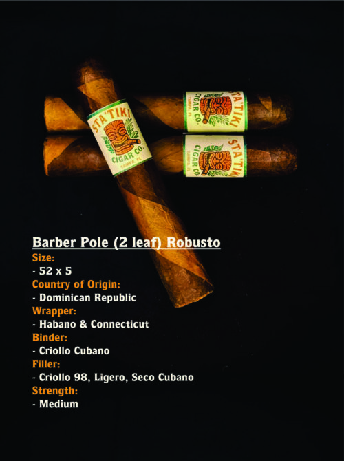 Statiki Cigar Co. Barber Pole Robusto cigars, showing the twisted Habano and Connecticut wrappers.