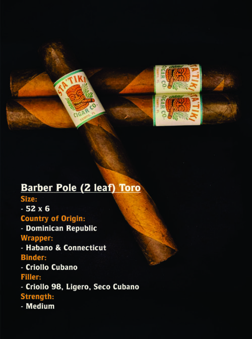 Statiki Cigar Co. Barber Pole Toro cigars, showing the twisted Habano and Connecticut wrappers and tiki-style band.
