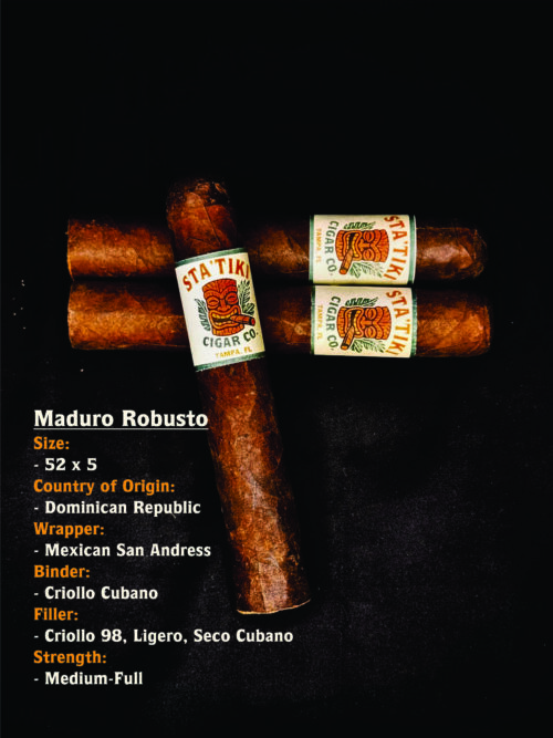 Statiki Cigar Co. Maduro Robusto cigars on a dark background, showing the dark Mexican San Andres wrapper and tiki-style band.