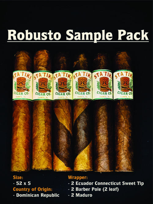 Six STA'TIKI Cigar Co. Robusto cigars lined up on a dark background, showing a variety of wrappers: two Connecticut, two Barber Pole, and two Maduro.
